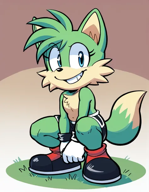 anthro fox is sitting down in a squatting position, wearing black swimming shorts. and has thick thighs, he has a smug and happy...