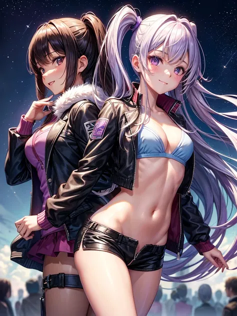 best quality，，smile，blazer，swimsuit，School，Collective of girls，Track jacket，Physical education class，JK，Sexy and cute，future，Wearing a fastener bra，zipper bra，Long Hair，She has her bangs down，Purple Eyes，evolution系ファッション，Cuteness at its finest，Sparkling，Le...