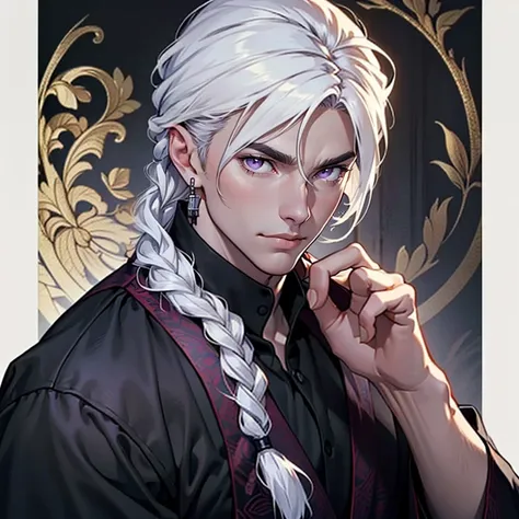 ((masterpiece)), (((best quality))), 1 male, pale white skin, white hair, hair styled in a single thick braid, handsome man, detailed background of a mansion, purple eyes, earrings, martial arts clothes, detailed face, highest quality, highly detailed, ori...