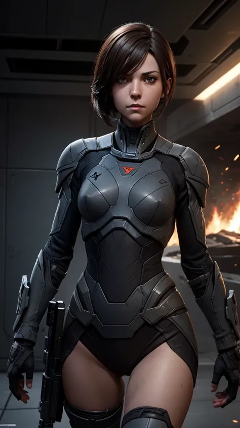 XCOM game, skinny, female soldier, no helmet, dark hair, battle damaged, nsfw, destroyed armor