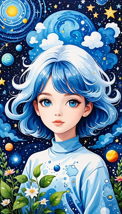 Psychedelic Art。plant、Marine Life、(((Charming eyes)))、cloud、Starry Sky，Galaxy、Planet、Abstract painting of joints，Describing the inner world of autistic people，Sense of space，Blank，White space，Pointillism method，Childish lines，Klein Blue