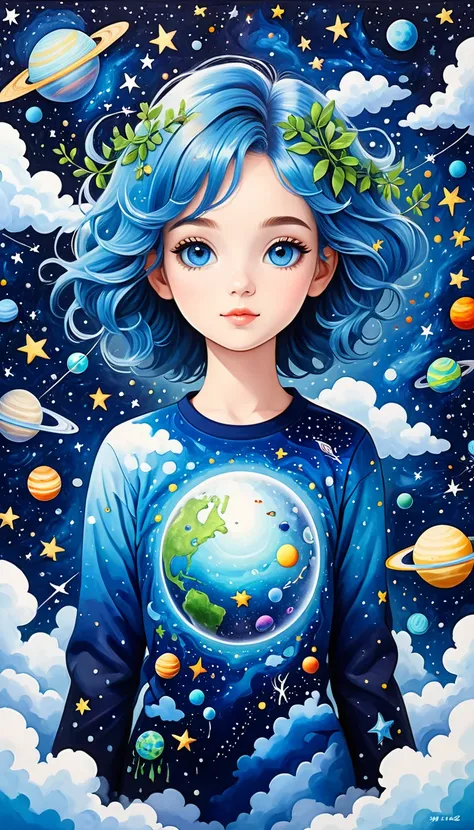 Psychedelic Art。plant、Marine Life、(((Charming eyes)))、cloud、Starry Sky，Galaxy、Planet、Abstract painting of joints，Describing the inner world of autistic people，Sense of space，Blank，White space，Pointillism method，Childish lines，Klein Blue