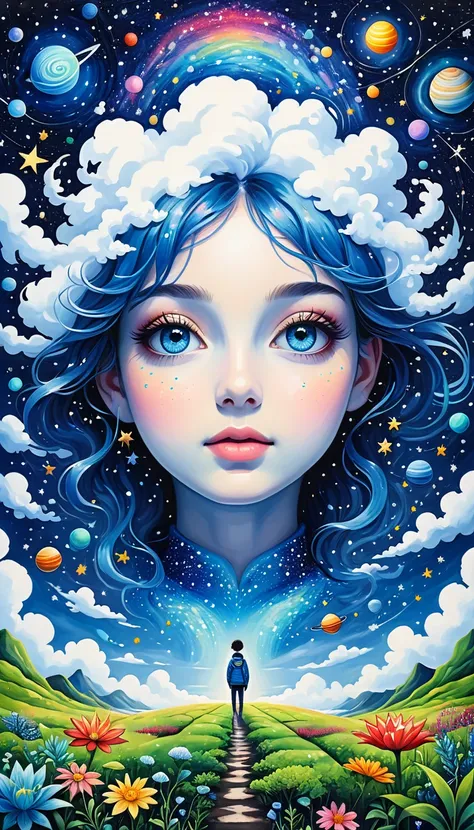 Psychedelic Art。plant、Marine Life、(((Charming eyes)))、cloud、Starry Sky，Galaxy、Planet、Abstract painting of joints，Describing the inner world of autistic people，Sense of space，Blank，White space，Pointillism method，Childish lines，Klein Blue