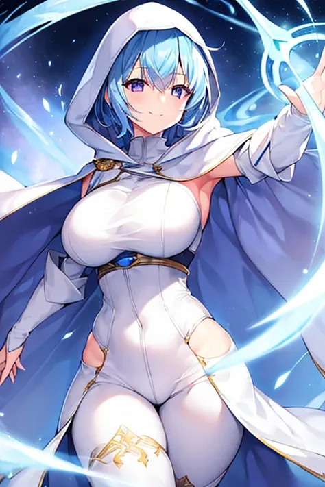 1girl, large breasts, light blue hair, purple eyes, one eye covered, short hair, smile, light smile, cloak, white cloak, white hood, white cape, cape, belt, white pants, white clothes, hood up, pants, ((pants)), hourglass figure,