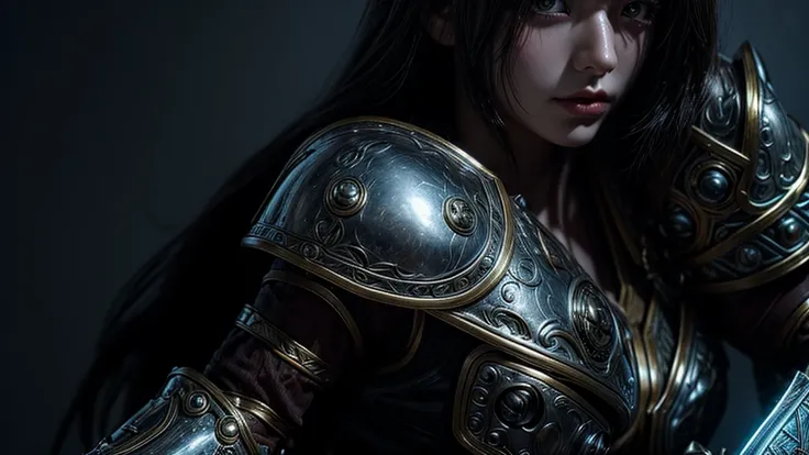 Close-up of woman holding sword and armor, Armor Girl, 2. 5D CGI anime fantasy artwork, Female Warrior, Extensive exposure of navel，Epic fantasy digital art style, detailed Digital 2D fantasy art, Digital 2D fantasy art, Gorgeous female paladin, Female Kni...