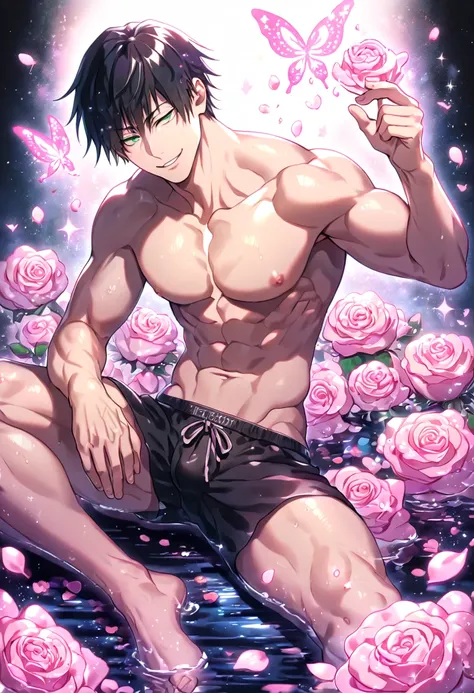 Ultra detailed, HDR, Highres, absurdres, master piece, Fushiguro Touji, black hair, expressive green eyes, toned chest, black underwear, without shirt, Jujutsu Kaisen, solo, pink glittering butterflies, pink ice, petals, pink ice glass roses, sexy man sitt...