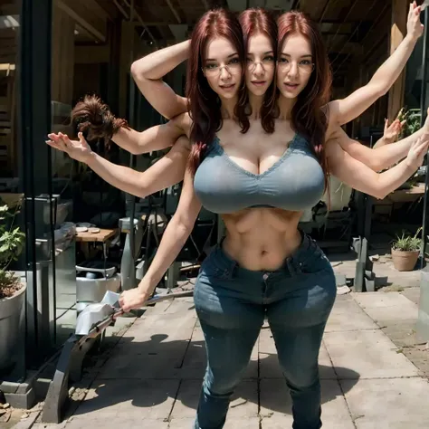 Masterpiece, best quality, 1girl, solo, 23 years old, adult,  bright red hair, messy hair, asymmetrical hair, ahoge, long hair, aqua eyes, huge round breasts,  toned, 167cm, pale skin, glasses, grin, olive green shirt, jeans, midriff peek, (five heads one ...