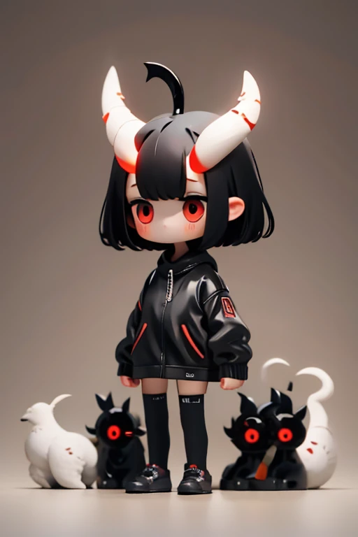 young girl,,mini character,red eyes,black hair,dark atmosphere,deformed character,horns growing,ahoge,short hair,short hair,very...