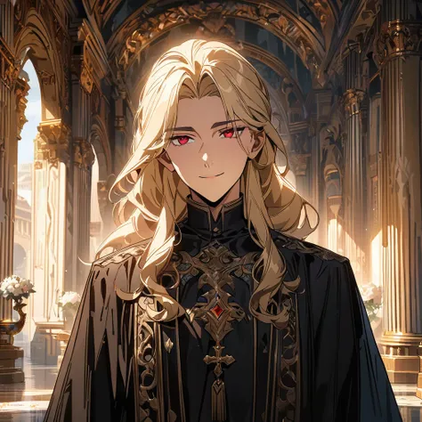 (masterpiece, best quality), Very detailed, best quality, official art, Beautiful and beautiful: 1.2),Beautifully，(1 handsome guy)，copyright，alone，Light blonde hair，long hair，(Red eyes), (A gentle yet distant smile)，perfect face，Black priest suit，complex c...