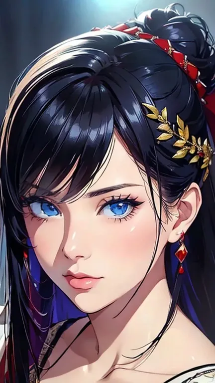 (Highest quality,4K,8K,High resolution,masterpiece:1.2),Super detailed,(Realistic,Realistic,Photorealistic:1.37),Beautiful and delicate blue eyes,long black hair in a high bun,detailed red veil,Portraiture,Sharp focus,Professional,Vibrant colors,Dark Backg...