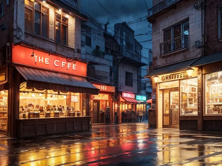 cofee shop at night, viewd from the street, neon banner, no persons at the image, just the place front veiew, rain, wet floor
