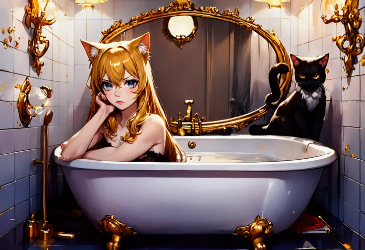 A cute girl Xiaorou SeeU, 20 years old, in an adorable sexy cat girl cosplay, acting surly and intimidating, she does not want to take a bath, bathroom with bubble bath in tub, beautiful detailed eyes, beautiful detailed lips, extremely detailed eyes and f...