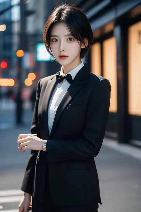 1 boy,brown_eye,black_hair,,black suit,,street_background,lips,short_hair,watch_exist_viewer