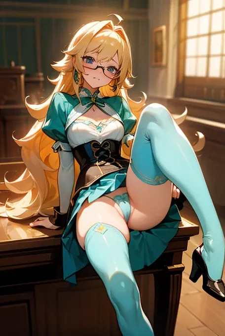 Imagine a female character of ((full body)), gyaru, very long blonde curly hair , with a beautiful  figure, small breasts, beautiful bright blue eyes, full carmine lips, blushing cheeks, wearing a beautiful short green and golden dress, with puffed poet sl...