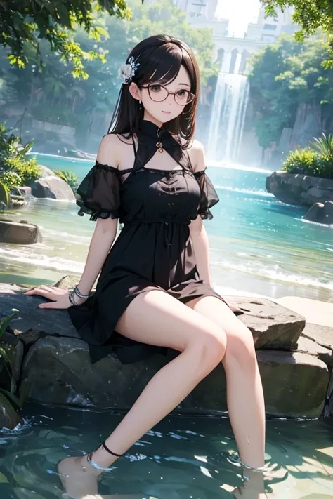 Highest quality、masterpiece、High sensitivity、High resolution、Detailed Description、Slender women、Glasses、Summer clothes、Water Play、