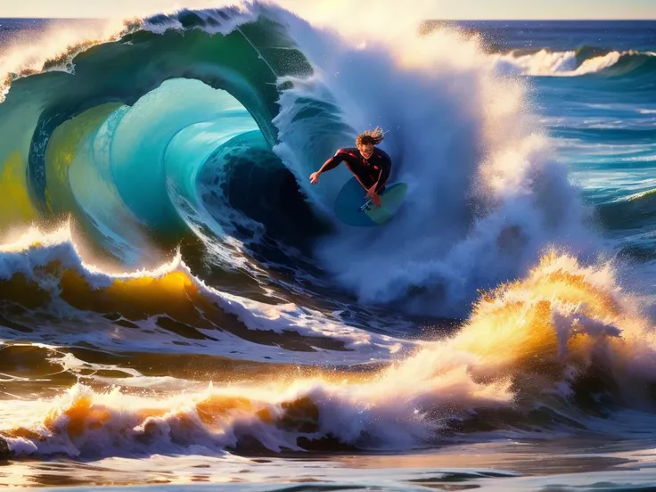 ((highest quality, 8k)), ((masterpiece)), (detailed), big wave, great impact, surfing, 1boy, the surfer is in a dynamic pose, ((...