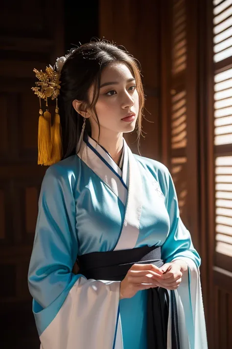 (a detailed, beautiful Chinese girl in a dramatic dynamic pose, wearing the traditional Hanfu, made with silk fabric, cowboy shot, the most beautiful form of chaos, looking at the audience, elegant, fauvist design, bright colors, (best quality, 4k, 8k, hig...