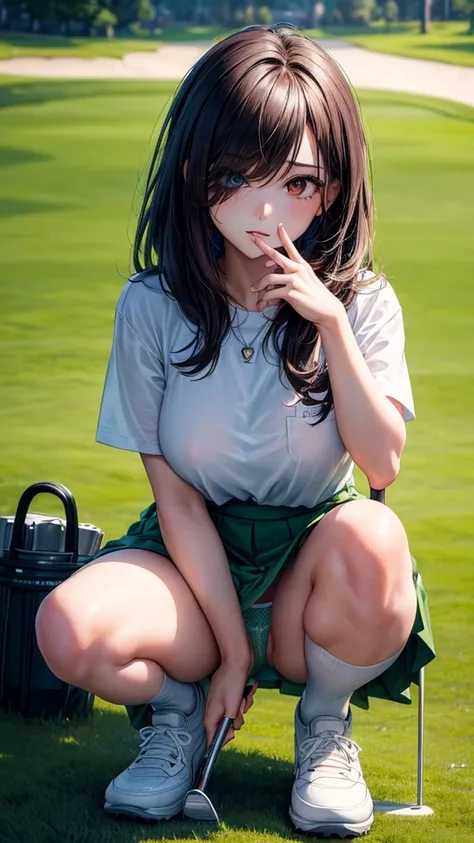 (masterpiece, highest quality, ultra high res, ultra detailed:1.3), 1 cute girl, ideal ratio body proportions, open crotch, serious look, cameltoe, mini skirt, squatting, outstretched legs, knees up, read the grass on the green, clothes covered nipples, (s...