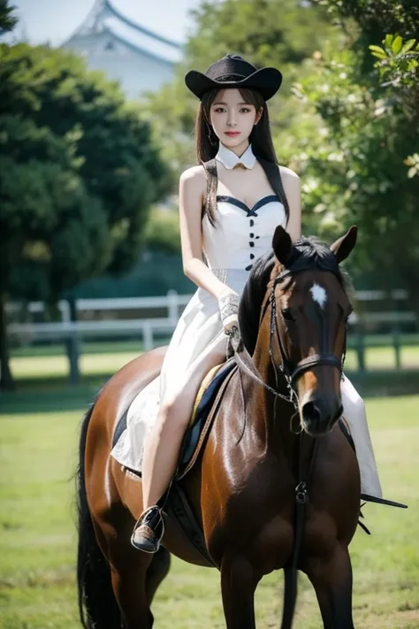 highest quality、masterpiece、high sensitivity、high resolution、detailed description、slender women、horse riding、