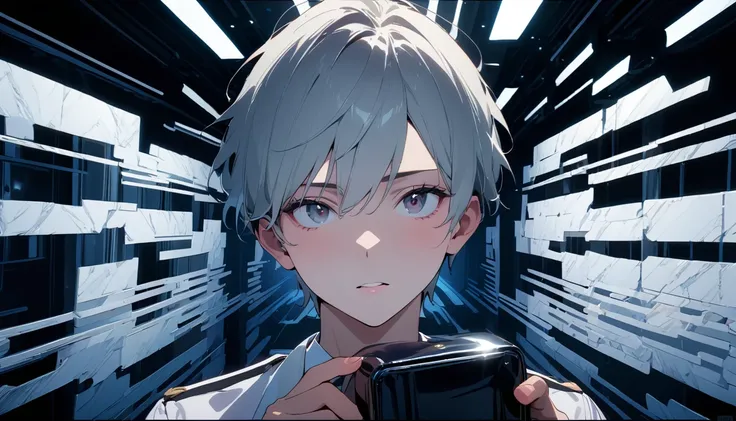 (8k, RAW photos, best quality, masterpiece: 1.4), (((Boy examining himself)))，Ultra-high resolution, Extremely detailed, Dim Lights, Upper body close-up, handsome boy, black eyes, (delicate eyes, Eyes are bright:1.2), Gray short hair, Fair skin,dark, Black...