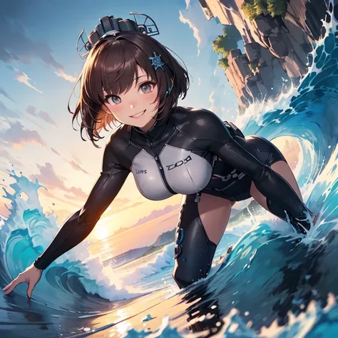 kcdanyang,hair ornament,headgear,1girl,solo,
(masterpiece:1.4),(best quality:1.4), (amazing), (great illustration:1.4), (ultra-detailed:1.4), (art CG, 8K),
Big Waves,surfing,(happy smile:1.2)