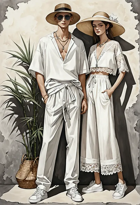 candid fashion illustration of young man and woman, both aged 20 year old, ((showcase fashion in a white cotton outfits)), inspi...