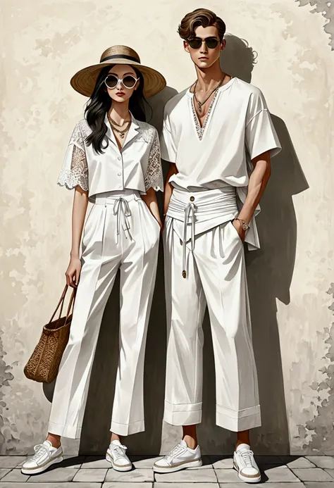 candid fashion illustration of young man and woman, both aged 20 year old, ((showcase fashion in a white cotton outfits)), inspi...