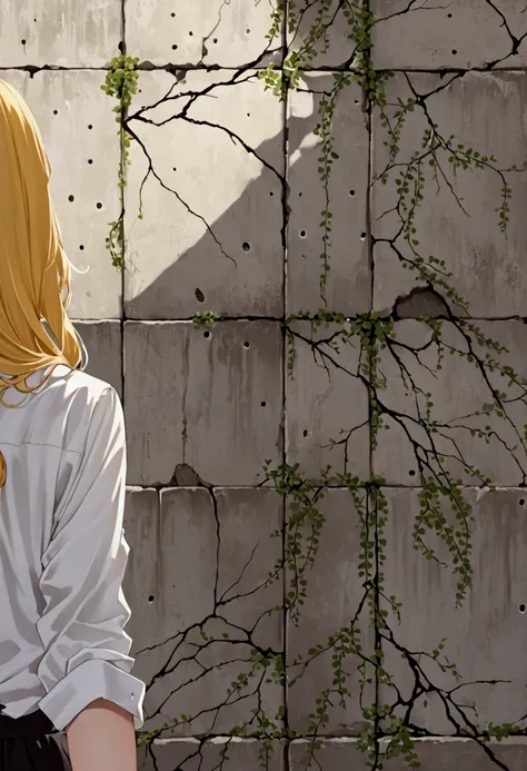 タバコを吸うBlondeの女性、Korean、White shirt、Old concrete wall、Blonde