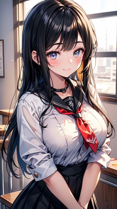 high school student　adult women　tying up long hair　bangs　hime cut　black hair　smile　close your eyes　big breasts　country-style bla...