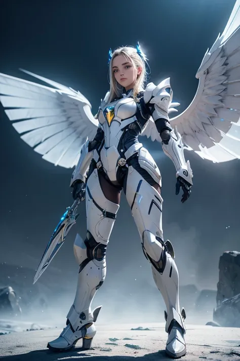 A stunning girl in a white exoskeleton armor with big mechanical wings, full body shot, impressive detail and realism, captured in 8k resolution, RAW photo quality, cool pose, vivid colors, dramatic lighting