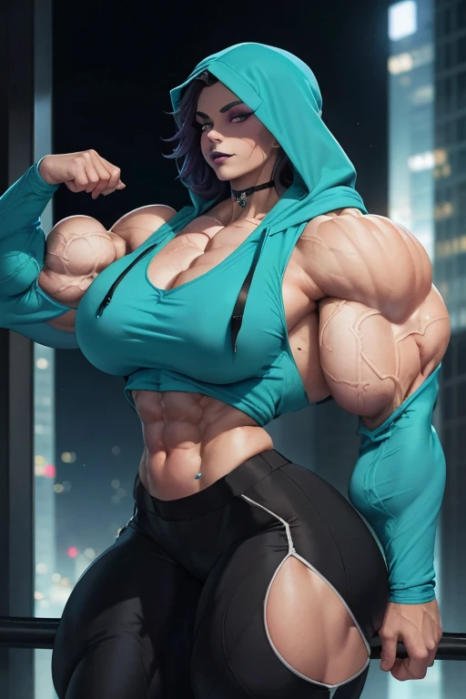 ((Close-up)), tall, (cyan hair) beautiful muscular woman, long beachy hair, pale white skinned, closed smile, (black lipstick), (massive muscles), (hyper muscle), ((ginormous bulky muscles)), purple eyes, ((cyan long sleeve hoodie, hood down)), (exercise p...