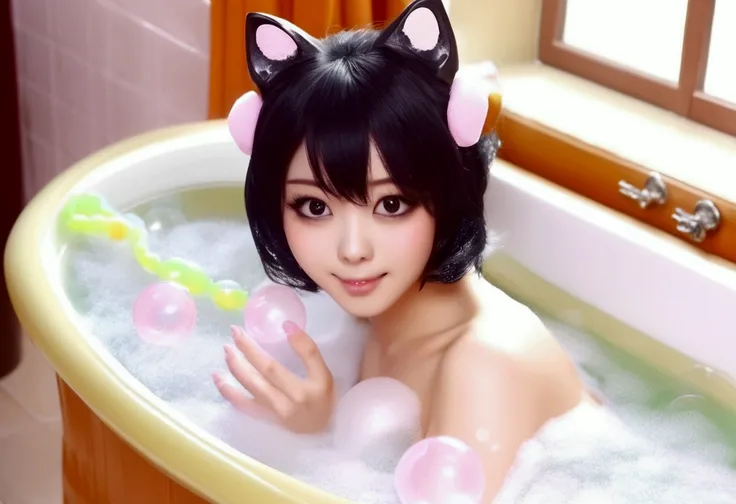 Xiaorou SeeU, age 20, in an adorable sexy cat girl, big eyes, naked, acting adorable playing with bubbles, she is enjoying a bubble bath leg up on side of tub, bathroom with bubble bath in tub, soap suds cover nsfw content
