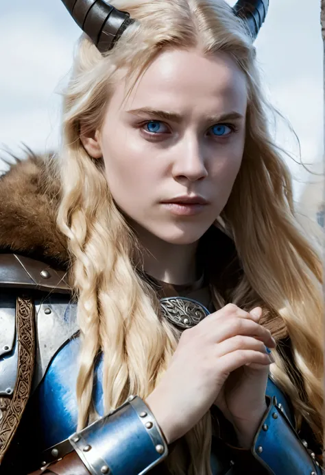 beautiful woman, Valkyrie, long blonde hair, blue colored eyes, detailed facial features, proportional hands, proportional fingers, leather armour, fur cloak, Navio viking,