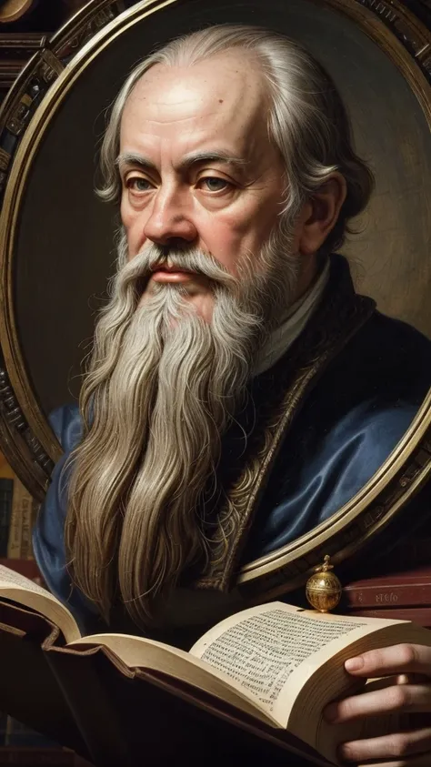 prompt: Hyperrealistic image of Galileo Galilei in a Renaissance setting, surrounded by scientific instruments and old books, with a detailed and expressive face, vibrant colors and cinematic background --ar 9:16 Script line: Hello, soy Galileo Galilei! To...