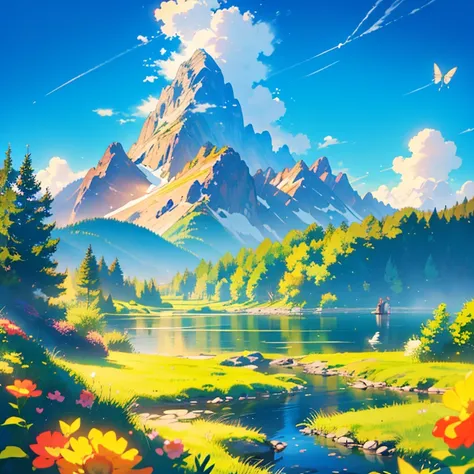 TMND-Mix_II, river, mermaid siluet, mountain, dreamy, detailed scenery, flowers and tress, wind, butterflies🦋, happy atmosphere, from afar, colourful flowers, clouds, lively