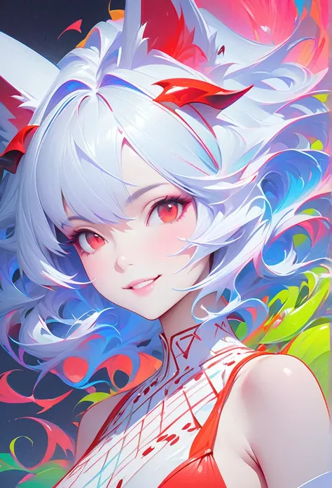 Masterpiece Portrait of Smiling Rei Ayanami (fox demon), fox tail， Caustics, High resolution illustration, Red eyes, feminine,, blue hair,,  Shadow flat illustration, The art of math, Popular topics on ArtStation, Very detailed, fine details, complex,  neo...