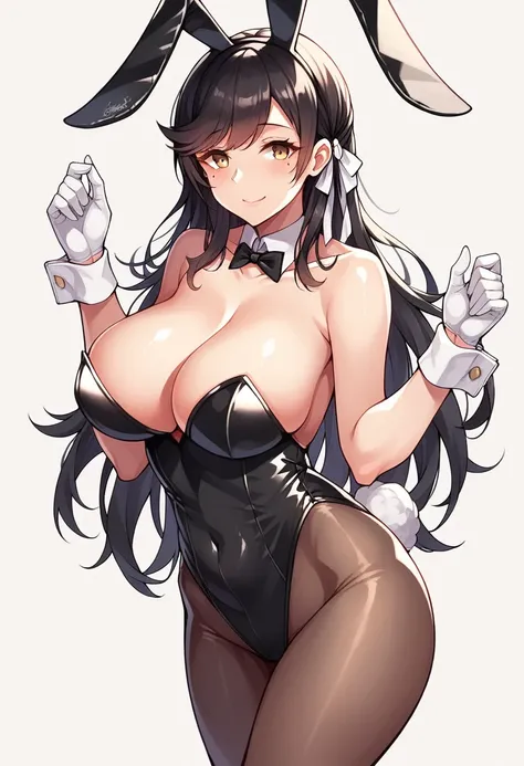 atago (azur lane), 1girl, solo, long hair, breasts, looking at viewer, blush, smile, bangs, large breasts, simple background, black hair, gloves, white background, ribbon, animal ears, cleavage, bare shoulders, closed mouth, collarbone, tail, hair ribbon, ...