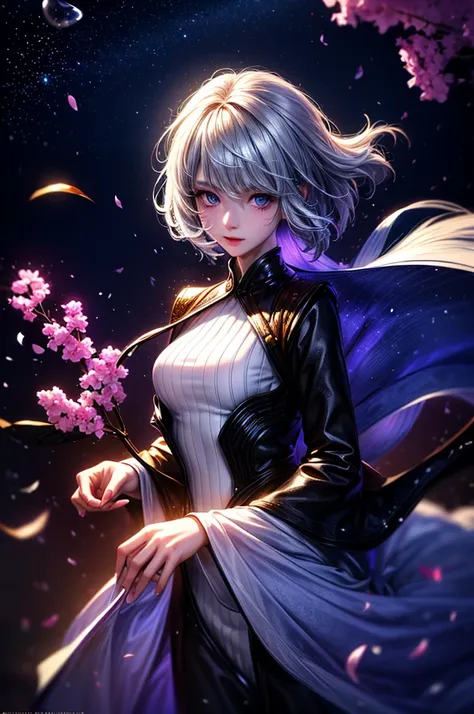 (woman\(student, 15 years old, ｊｋ, short hair, silver hair, floating hair, space-colored eyes, black sailor suit\(of high school...