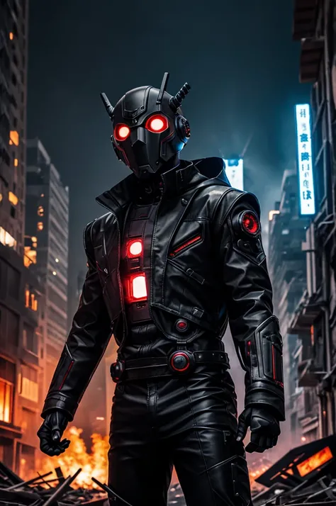 Anime boy, android, robot, ruined city, high tech mask, battle mask, red eyes glowing, demon, black jacket, scary, full body, apocalypse