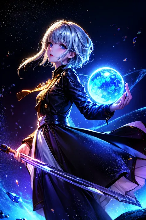 (woman\(student, 15 years old, ｊｋ, short hair, silver hair, floating hair, space-colored eyes, black sailor suit\(of high school...