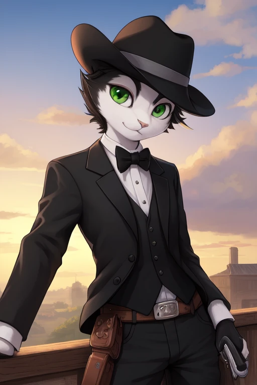 A tuxedo breed cat with green eyes being a heroic cowboy and leaning with a revolver having a view towards the viewer 