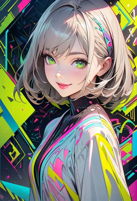 Masterpiece Portrait of Smiling,  Caustics, High resolution illustration, green eyes, feminine,, grey hair,,  Shadow flat illustration, The art of math, Popular topics on ArtStation, Very detailed, fine details, complex,  neon color