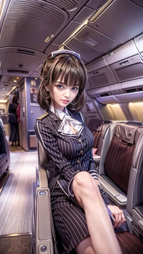 (32K:1.9, Highest quality, masterpiece, Ultra-high resolution), Professional camera work:1.3, Very detailedな肌と顔の質感:1.3, Always accurate, Very detailed, ((23 years old, Newcomer CA, Business class airplane aisle:1.4, The moonlight at night illuminates the c...