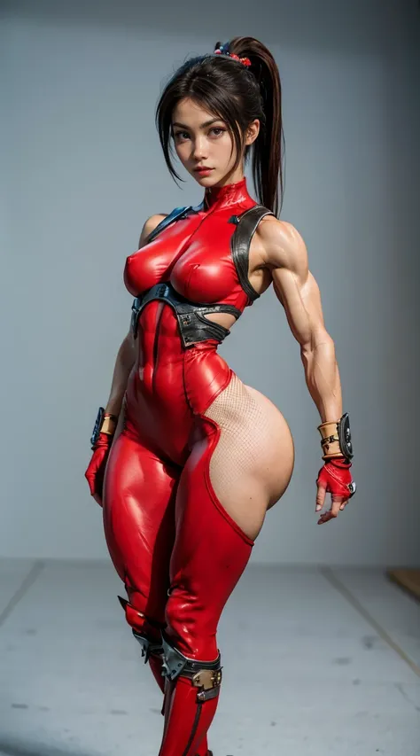 (Muscular:2.1), (thick thighs:2.2), 
(asian female:1.5), (Taki2), (black hair), ponytail, (angry),
hard nipples, (small breasts),
eyeshadow, red lips, (red, sleeveless, skintight red full bodysuit:1.9), (ninja:1.3), fingerless gloves, (mesh:1.5), (armor:1....