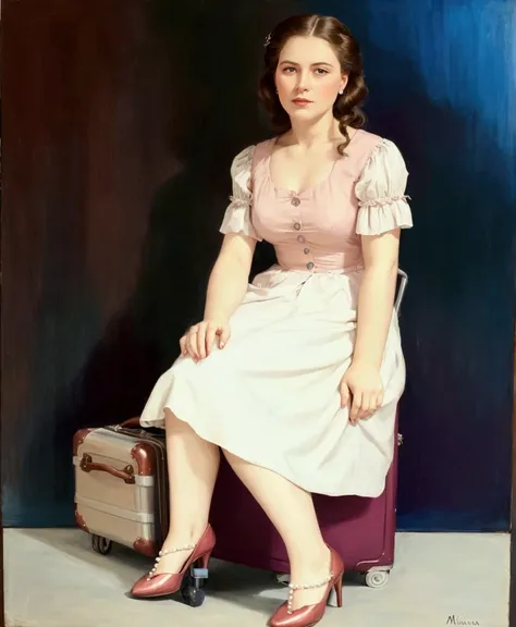 painting of a woman sitting on a suitcase with a suitcase in front of her, woman posing, autochromatic pearl portrait, total length used, clothed non-nude portrait, full - length portrait, full - length portrait, full - length portrait, maria panfilova, wo...