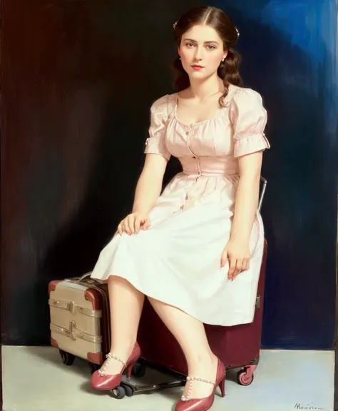 painting of a woman sitting on a suitcase with a suitcase in front of her, woman posing, autochromatic pearl portrait, total length used, clothed non-nude portrait, full - length portrait, full - length portrait, full - length portrait, maria panfilova, wo...