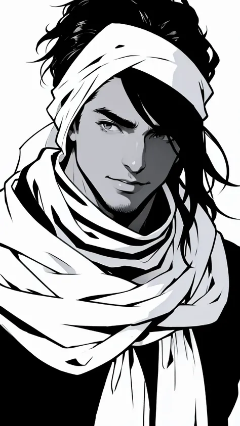 black and white、a man wearing a white bandana on his head、man in white scarf、man in white fantasy costume、monochrome of a black ...