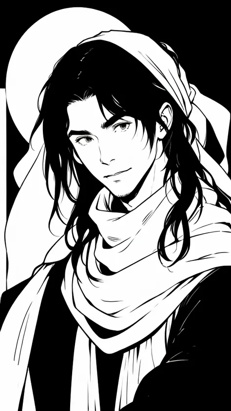 Black and White、A man wearing a white bandana on his head、Man in white scarf、Man in white fantasy costume、Monochrome of a black long-haired man、