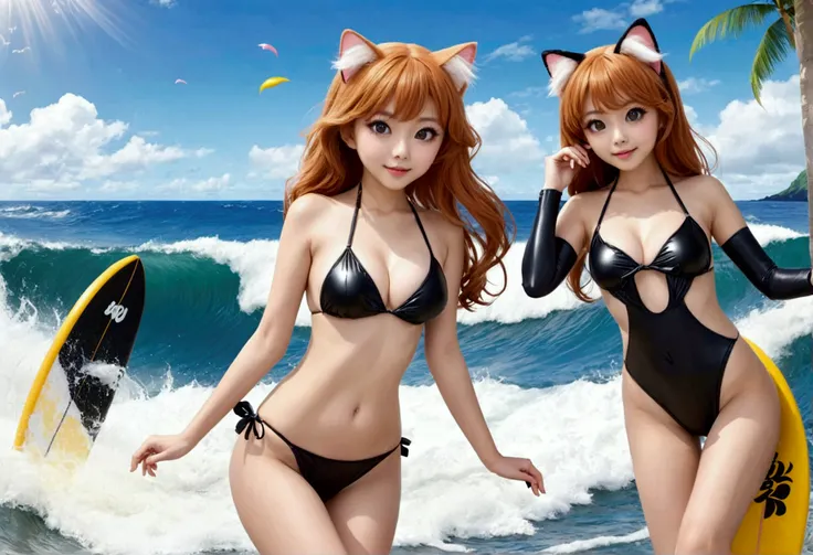 (Xiaorou SeeU, age 20, is an adorable sexy cat woman, big eyes, cute swimsuit, fluffy tail), she is surfing on small waves, super cute, so excited, show her from head to toe, hawaii