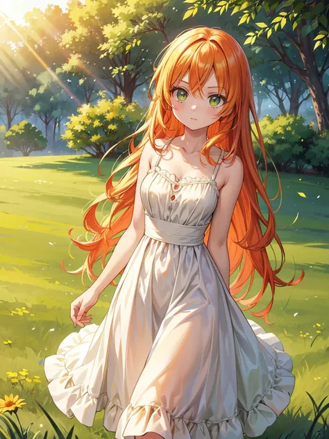 onepiece_dress,walking,grass_field,beautiful_orange_hair,multicolored_hair,beautiful_light_green_eyes,multicolored_eyes,1_beautiful_girl,solo,cute,perfect_quality,perfect_anatomy,masterpiece,day,sunny,sunshine,